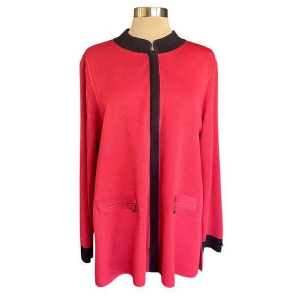 Exclusively Misook Woman Red Black Trim Knit Cardigan Sz 1X Zipper Front - Picture 1 of 10
